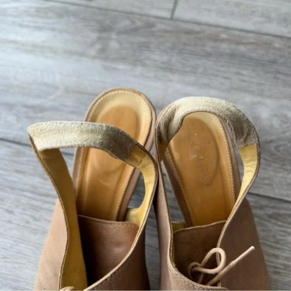 J Crew Peep Toe Lace Up Tan Leather Slingback Wooden Heel Pumps - Picture 12 of 13